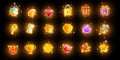 Magic game icon set, mobile casino app UI collection, golden reward trophy kit, glowing crown.