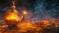 Magic genie lamp emitting smoke, luminous background. Concept of wonder, myth, and Arabian nights