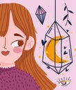 Magic girl with astrology esoteric crystal cartoon