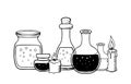 Magic glass bottles and candles. Alchemist mystic lab glasses with elixir, love potion. Isolated vector illustration
