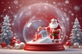 Magic glass Dome Santa Claus with gift box with white snowball. Festive christmas and new year