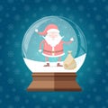 Magic glass snow globe with cute and happy Santa Claus with bag inside. Royalty Free Stock Photo