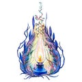 Magic glow. Elegant antique kerasin lamp. Watercolor illustration, handmade.