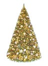 Magic glowing christmastree desorated with golden baubles, ornaments, flowers, strobiles isolated on white background