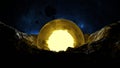 Magic glowing sphere in crater, core of earth. Ball lightning. Fantastic sphere in space, star and galaxy. 3d render Royalty Free Stock Photo