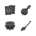 Magic glyph icons set. Tarot cards, potion, witch cauldron and broomstick. Witchcraft and sorcery Halloween items