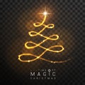 Magic golden Christmas tree silhouette. Magic wand with golden glowing shiny trail.  Isolated on black transparent background. Royalty Free Stock Photo