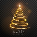 Magic golden Christmas tree silhouette. Magic wand with golden glowing shiny trail.  Isolated on black transparent background. Royalty Free Stock Photo