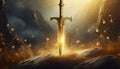 Magic golden sword, ancient fantasy weapon and landscape background, legendary adventure concept Royalty Free Stock Photo