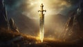 Magic golden sword, ancient fantasy weapon and landscape background, legendary adventure concept Royalty Free Stock Photo