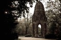 Magic gothic tower situated in big public park, Sad Janka Krala, in Bratislava. Toned image