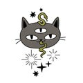 magic gray cat with three eyes and a snake, cartoon vector, postcard Royalty Free Stock Photo