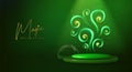 Magic green glowing shiny trail or magic spirals on 3d stage showcase background.