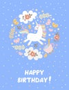 Magic greeting card with cute unicorn. Happy birthday! Vector illustration