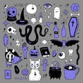 Magic Halloween objects. Hand drawn colored vector set.