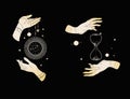 Magic hands with an hourglass.Hand with a clock. Universe in an hourglass.