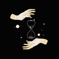 Magic hands with an hourglass. Infinity. Space with stars and planets.