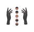 Magic hands with new moon phases in boho retro style. Crescent icon design template for cosmetics and packaging branding