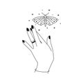 Magic hands with night butterfly outline. Mystical moth for branding logo cosmetics and beauty products in linear style