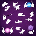 Magic hands vector magician or illusionist holding magical wand or glow ball illustration of cartoon character hands