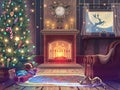 Magic Happy New Year greeting card with Christmas tree, gifts, candies, fireplace and armchair in magic luxury room. Vector Royalty Free Stock Photo