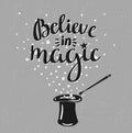 Magic Hat Background with stars and inspiring phrase Believe in magic.