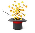 Magic hat and bitcoin coins. The magic of creating cryptocurrency. isolated on white background. 3d render Royalty Free Stock Photo