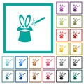 Magic hat with bunny ears flat color icons with quadrant frames