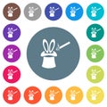 Magic hat with bunny ears flat white icons on round color backgrounds