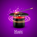 Magic Hat with Magic wand. Vector Magician perfomance. Wizzard show background