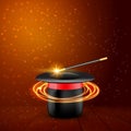 Magic Hat with Magic wand. Vector Magician perfomance. Wizzard show background Royalty Free Stock Photo