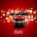 Magic Hat with Magic wand. Vector Magician perfomance. Wizzard show background