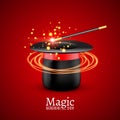 Magic Hat with Magic wand. Vector Magician perfomance. Wizzard show background Royalty Free Stock Photo