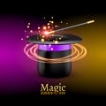 Magic Hat with Magic wand. Vector Magician perfomance. Wizzard show background Royalty Free Stock Photo