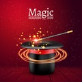 Magic Hat with Magic wand. Vector Magician perfomance. Wizzard show background Royalty Free Stock Photo