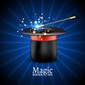 Magic Hat with Magic wand. Vector Magician perfomance. Wizzard show background Royalty Free Stock Photo