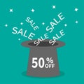 Magic hat. 50 percent off. Sale background. Big sale. Supersale tag. Special offer. Sparkles stars. Flat design.