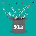 Magic hat. 50 percent off. Sale background. Big sale. Supersale tag. Special offer. Triangle decor. White text. Flat design.