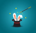 Magic hat with rabbit ears.Magic trick with rabbit ears appear from the magic top hat