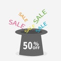 Magic hat. Sale background. Big sale. 50 percent off. Supersale tag. Special offer. White background. Isolated. Flat design.