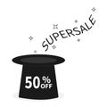 Magic hat. Supersale tag. Sale background. Big sale. Special offer. 50 percent off. Flat design. Isolated.