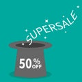 Magic hat. Supersale tag. Sale background. Big sale. Special offer. 50 percent off. Flat design.