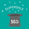 Magic hat. Supersale tag. Sale background. Big sale. Special offer. 50 percent off. White sparkle stars. Flat design.