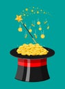 Magic hat, wand and gold coins. Royalty Free Stock Photo