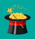 Magic hat, wand and gold coins. Royalty Free Stock Photo