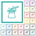 Magic hat and wand outline flat color icons with quadrant frames Royalty Free Stock Photo