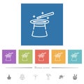 Magic hat and wand outline flat white icons in square backgrounds