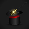 Magic hat and wand with sparkles, magical glow. Vector Royalty Free Stock Photo