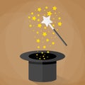 Magic hat and wand with sparkles stars Royalty Free Stock Photo