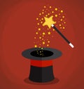 Magic hat and wand with sparkles, stars. Royalty Free Stock Photo